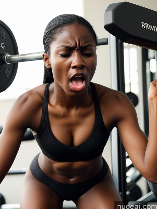 ai nude image of arafed woman in a black bikini is holding a barbell pics of Woman Small Tits Small Ass Skinny Long Legs Dark Skin 18 Orgasm Shocked Angry Bobcut Black Gym Working Out Sports Bra