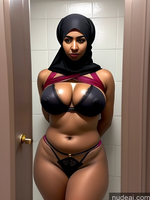 ai nude image of araffe woman in a black and red bikini and hijab pics of 40s Dark Skin Woman Black Hair Arabic Prison Niqab Sari Partially Nude Kidnap Chain Shackles Huge Sagging Breasts Legspread Pubic Hair Gold Jewelry Jewelry