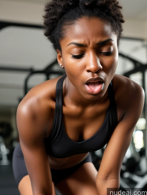 ai nude image of there is a woman in a black top and black shorts doing a squat pics of Woman Small Tits Small Ass Skinny Long Legs Dark Skin 18 Orgasm Shocked Angry Bobcut Black Gym Working Out Sports Bra Tall