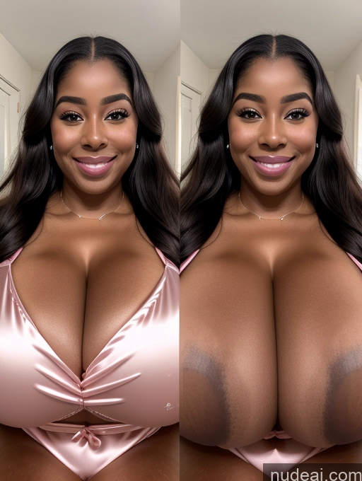 ai nude image of araffed woman with big breasts posing for a selfie pics of Perfect Boobs Beautiful Long Hair Laughing African Cleavage 30s Happy Satin Close-up View Busty Onoff Microkini Huge Boobs