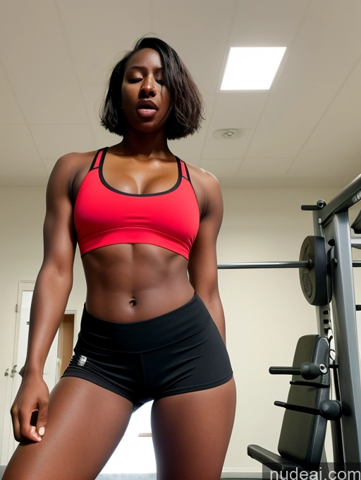 ai nude image of there is a woman in a red top and black shorts posing for a picture pics of Woman Small Tits Small Ass Skinny Long Legs Dark Skin 18 Orgasm Shocked Angry Bobcut Black Gym Working Out Sports Bra Tall Short Shorts Perfect Body