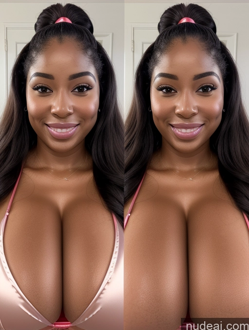 ai nude image of arafed woman with big breasts showing off her big boobies pics of Perfect Boobs Beautiful Long Hair Laughing African Cleavage 30s Happy Satin Close-up View Busty Onoff Microkini Huge Boobs