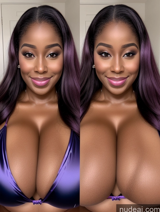 ai nude image of arafed woman with big breasts posing for a selfie pics of Perfect Boobs Beautiful Long Hair Laughing African Cleavage 30s Happy Satin Close-up View Busty Onoff Microkini Huge Boobs Purple Hair