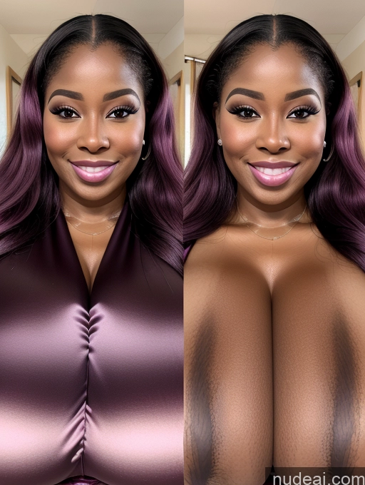 ai nude image of there are two pictures of a woman with big breasts and a purple dress pics of Perfect Boobs Beautiful Long Hair Laughing African Cleavage 30s Happy Satin Close-up View Busty Onoff Microkini Huge Boobs Purple Hair