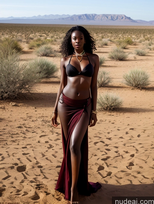 ai nude image of araffe woman in a bikini and skirt standing in the desert pics of Seductive Sexy Face African Black Hair Messy Dark Skin Big Hips Skinny Desert Long Skirt Bow Tie