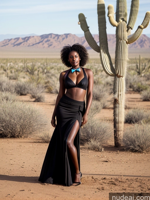 ai nude image of there is a woman in a black dress standing in front of a cactus pics of Seductive African Black Hair Messy Dark Skin Desert Long Skirt Bow Tie