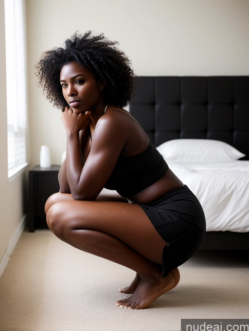 ai nude image of there is a woman kneeling on the floor in a black dress pics of Seductive African Black Hair Messy Dark Skin Long Skirt Big Ass Squatting Front View Bedroom