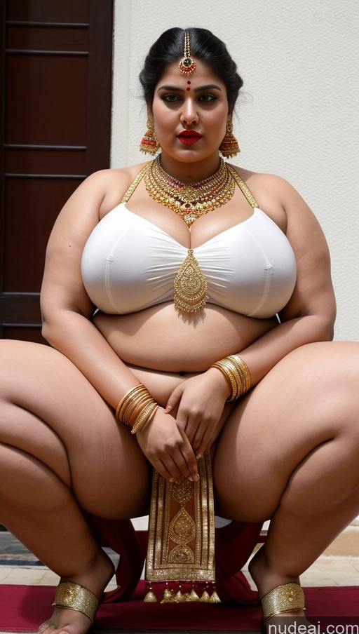 ai nude image of araffe woman in a white bra top and gold jewelry sitting on a red carpet pics of Huge Boobs Big Ass Abs Chubby Big Hips Fairer Skin Indian Lipstick Traditional Gold Jewelry Sari Squatting