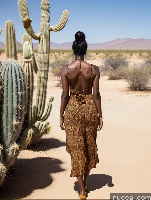 ai nude image of there is a woman walking in the desert with a cactus in the background pics of 30s Black Hair African Sundress Big Ass Desert Back View Hair Bun