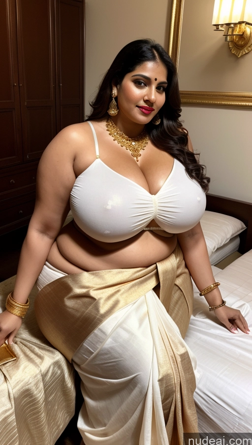 ai nude image of araffe woman in a white bra top and gold skirt sitting on a bed pics of Huge Boobs Big Ass Abs Chubby Fairer Skin Indian Sari Lipstick Gold Jewelry Traditional Bedroom