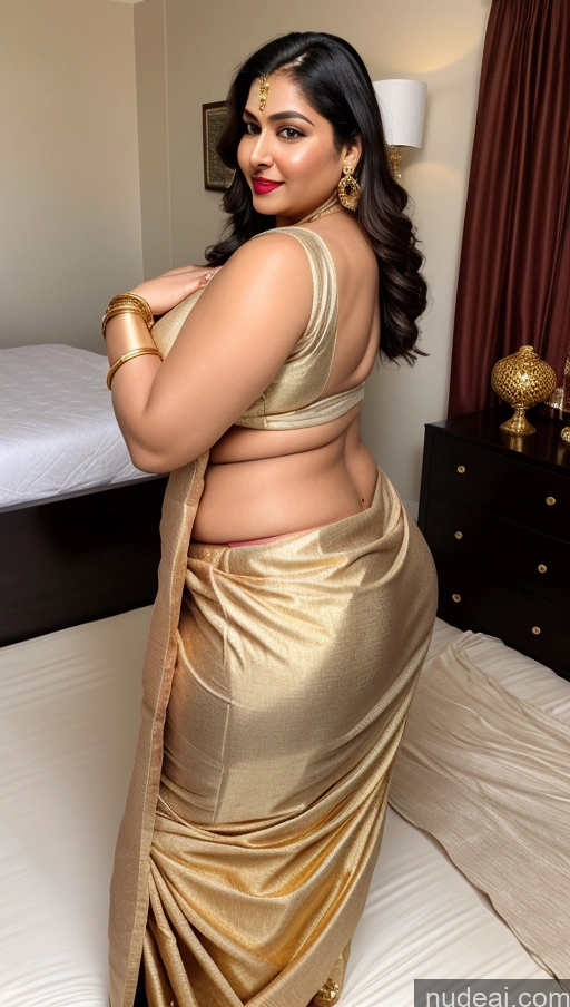 ai nude image of araffe woman in a gold sari posing on a bed pics of Huge Boobs Big Ass Abs Chubby Fairer Skin Indian Lipstick Gold Jewelry Bedroom Sari