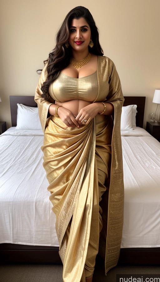 ai nude image of araffe woman in a gold sari posing in a hotel room pics of Big Ass Abs Chubby Huge Boobs Lipstick Fairer Skin Long Hair Indian Sari Salwar Traditional Bedroom Gold Jewelry