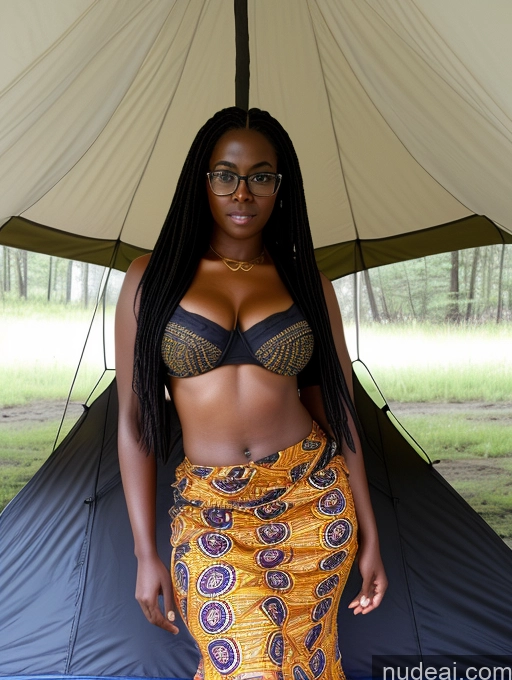 ai nude image of there is a woman in a skirt standing under a tent pics of 30s Black Hair African Big Ass Long Hair Glasses Long Skirt Blouse Tent