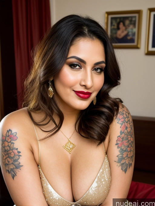 ai nude image of arafed woman with a gold dress and red lipstick posing for a picture pics of Milf Busty Beautiful Lipstick Chubby Thick Big Hips 20s Happy Seductive Brunette Long Hair Russian Party Front View Spreading Legs Sari Cleavage Gold Jewelry Detailed Tattoos Pouting Lips