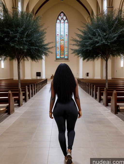 ai nude image of araffe woman walking down a church aisle with a stained window pics of 30s Black Hair African Big Ass Long Hair Glasses Church Back View Jumpsuit T-pose