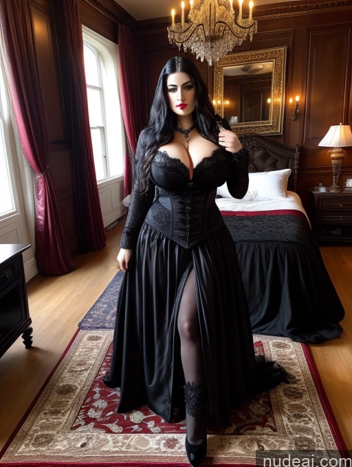 ai nude image of araffe woman in a black dress posing in a bedroom pics of Model Busty Huge Boobs Muscular Big Ass Abs Big Hips Huge Tits, Hard Nipples 20s Seductive Sexy Face Black Hair Goth Vampire Victorian German Wedding Victorian Parlor