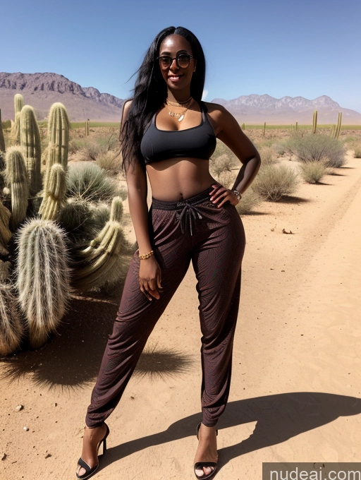 ai nude image of araffe woman in a black top and brown pants standing in the desert pics of 30s Black Hair African Big Ass Long Hair Glasses Desert Harem Pants