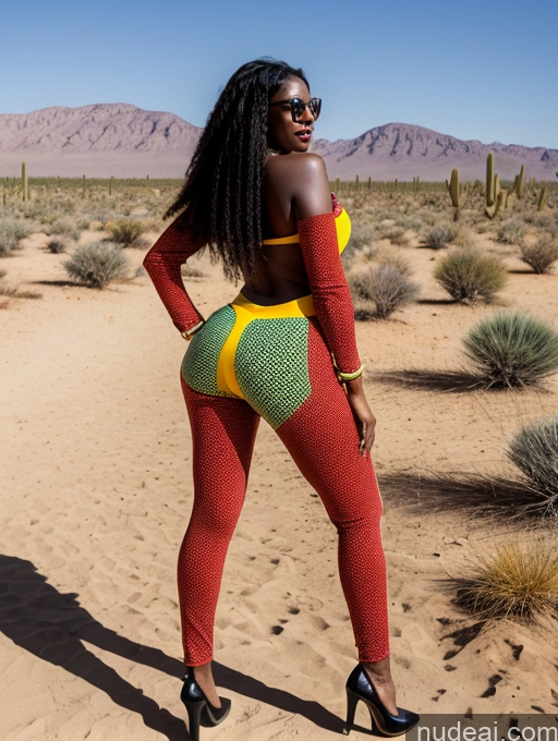 ai nude image of araffe woman in a red and yellow outfit standing in the desert pics of 30s Black Hair African Big Ass Long Hair Glasses Desert Harlequin