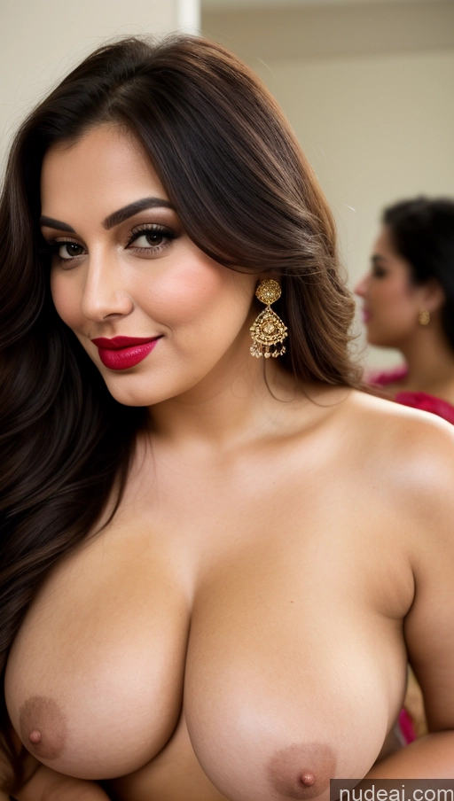 ai nude image of araffed woman with big breast posing in a mirror pics of Milf Busty Beautiful Lipstick Chubby Thick Big Hips 20s Happy Seductive Brunette Long Hair Russian Front View Cleavage Gold Jewelry Detailed Tattoos Pouting Lips Spreading Legs Nude Fairer Skin Party Sari