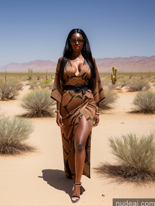 ai nude image of araffe woman in a dress and sunglasses standing in the desert pics of 30s Black Hair African Big Ass Long Hair Glasses Desert Kimono