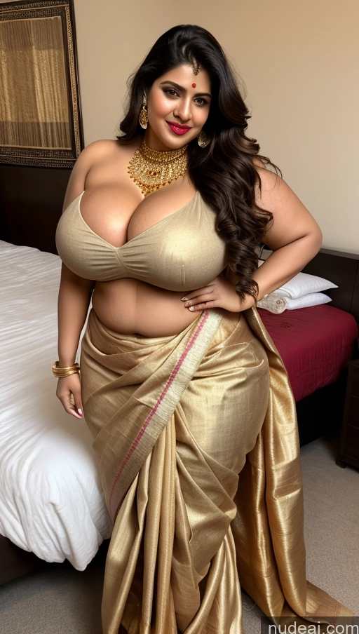 ai nude image of araffe woman in a gold sari posing for a picture pics of Huge Boobs Big Ass Lipstick Abs Chubby Fairer Skin Indian Long Hair Gold Jewelry Sari Bedroom