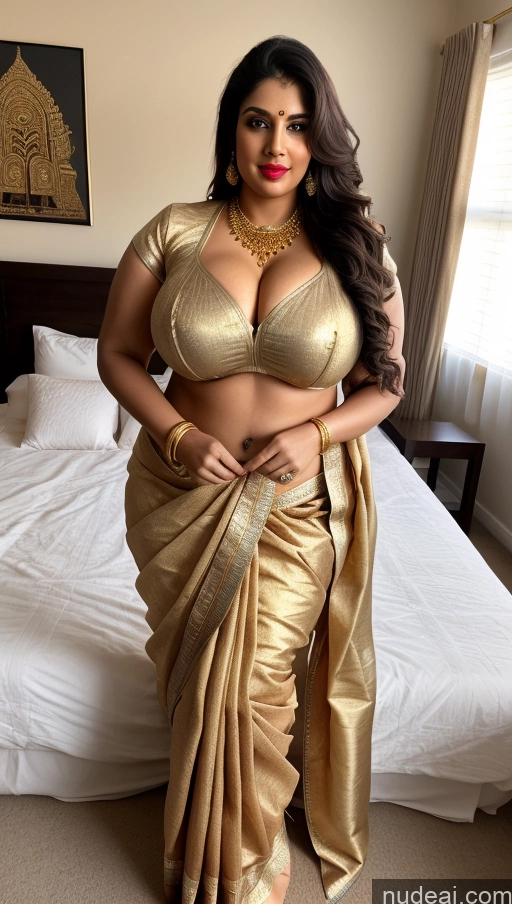 ai nude image of araffe woman in a gold sari posing for a picture pics of Huge Boobs Big Ass Lipstick Abs Chubby Fairer Skin Indian Long Hair Gold Jewelry Sari Bedroom