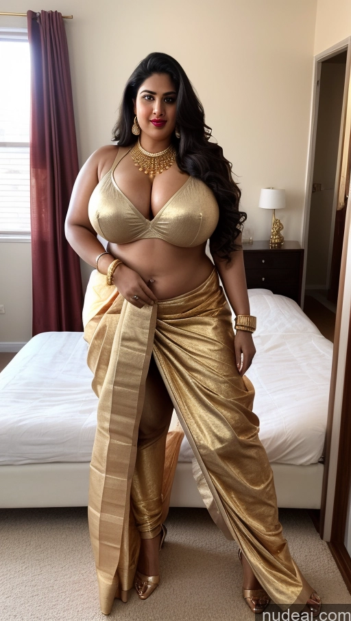 ai nude image of araffe woman in a gold sari posing in a bedroom pics of Huge Boobs Big Ass Lipstick Abs Chubby Fairer Skin Indian Long Hair Gold Jewelry Sari Bedroom Tall