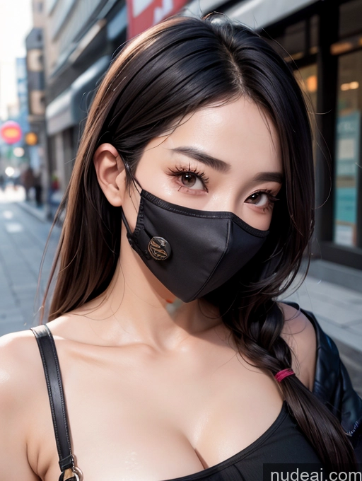 ai nude image of arafed woman wearing a black face mask on a city street pics of Korean Perfect Boobs Face Mask Street