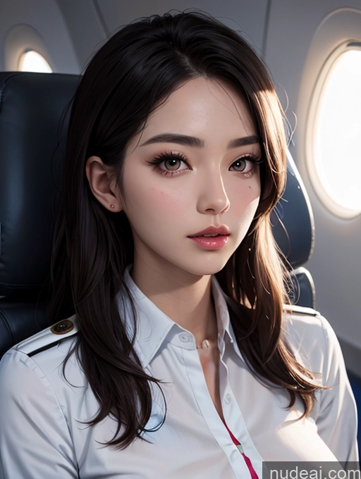 ai nude image of araffe woman sitting in a seat on an airplane looking at the camera pics of Korean Perfect Boobs Flight Attendant