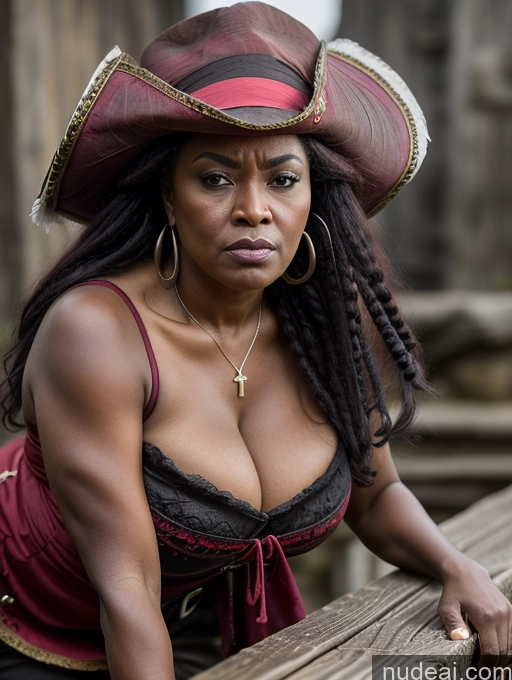 related ai porn images free for Dark Skin Black Hair Ethiopian Plank Pirate Milf Huge Boobs Big Ass Big Hips 50s Angry Pouting Lips Front View Medieval French Musketeer Dress