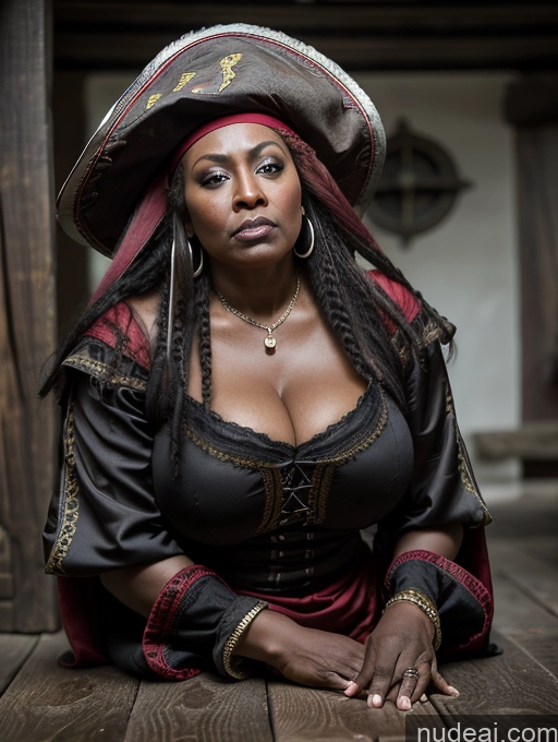 ai nude image of there is a woman in a pirate costume sitting on a wooden floor pics of Dark Skin Black Hair Ethiopian Plank Pirate Milf Huge Boobs Big Ass Big Hips 50s Angry Pouting Lips Front View Medieval French Musketeer Dress