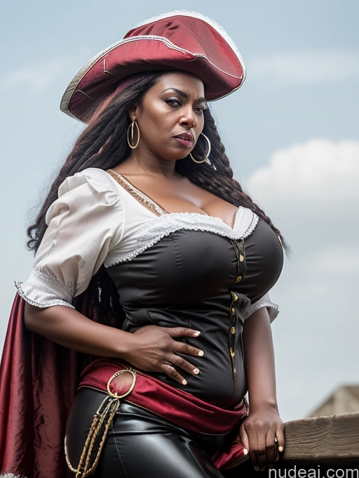 ai nude image of there is a woman in a pirate costume posing for a picture pics of Dark Skin Black Hair Ethiopian Plank Pirate Milf Huge Boobs Big Ass Big Hips 50s Angry Pouting Lips Medieval French Musketeer Dress Side View