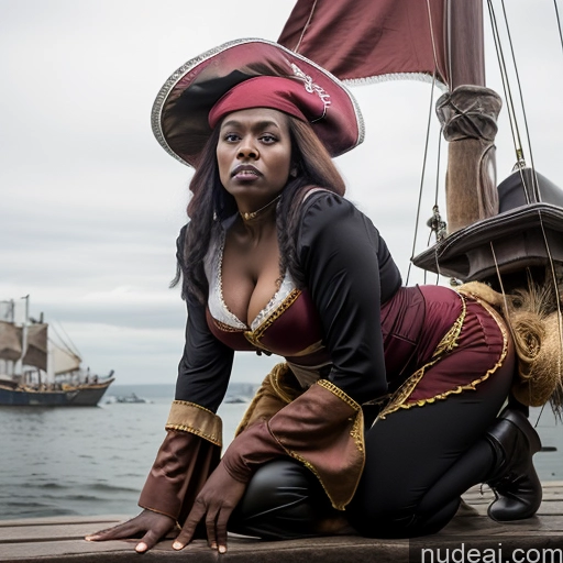 ai nude image of pirate woman in a red and gold outfit sitting on a dock pics of Dark Skin Black Hair Ethiopian Plank Pirate Milf Huge Boobs Big Ass Big Hips 50s Angry Pouting Lips Medieval French Musketeer Dress Side View