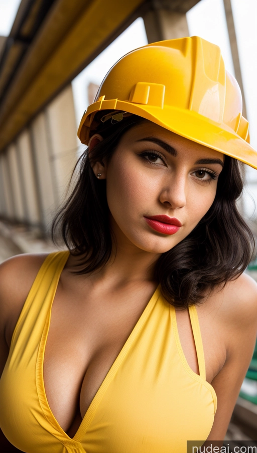 ai nude image of arafed woman in a yellow construction hat posing for a picture pics of 18 Perfect Boobs Pubic Hair Lipstick Pouting Lips Black Hair Construction Worker Cleavage