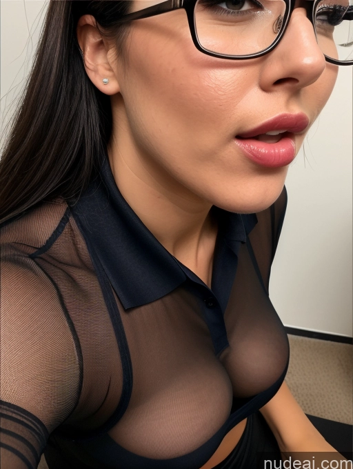 ai nude image of there is a woman wearing glasses and a black shirt pics of Sorority Busty Perfect Boobs Beautiful Glasses Lipstick Perfect Body Pubic Hair Oiled Body Seductive Close-up View Blouse Panties Polo Secretary Teacher Stylish Thigh Socks Transparent Suspender Belt Blowjob