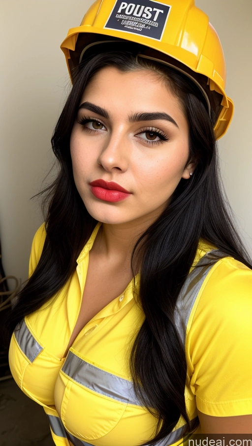 ai nude image of arafed woman wearing a hard hat and yellow shirt pics of 18 Perfect Boobs Pubic Hair Lipstick Pouting Lips Black Hair Construction Worker Cleavage