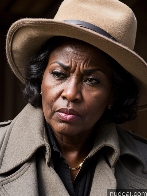 ai nude image of there is a woman wearing a hat and a coat looking at the camera pics of Milf Several Huge Boobs Big Ass Big Hips Dark Skin 50s Pouting Lips Angry Black Hair Ethiopian Boots Gloves Hat Medieval Trench Coat Front View