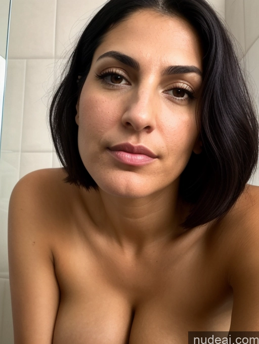 ai nude image of arafed woman with a big breast in a bathroom pics of Seductive Serious Sad Sexy Face Close-up View Bending Over 40s Busty Perfect Boobs Thick Pubic Hair Tanned Skin Black Hair Bobcut Jewish Nude Sorority Bathroom Tall Dominatrix