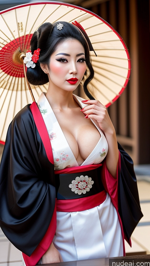 ai nude image of araffe asian woman in kimono with a red and white umbrella pics of Perfect Boobs Pubic Hair Lipstick Pouting Lips Black Hair Geisha 30s Cleavage