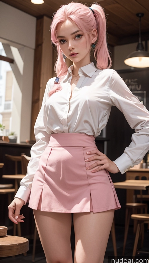 ai nude image of there is a woman with pink hair posing in a restaurant pics of Perfect Boobs Beautiful Small Ass Skinny Long Legs Fairer Skin 18 Pink Hair Pigtails Crisp Anime Cafe Blouse High Socks Mini Skirt