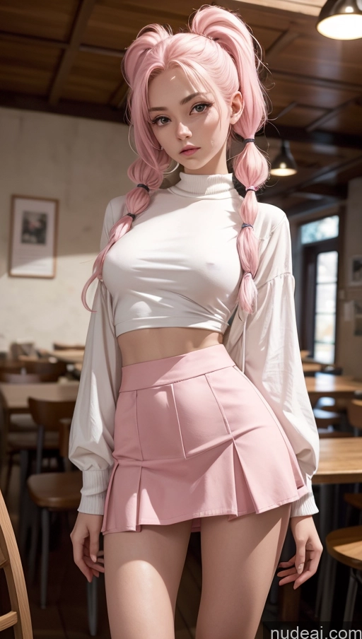 ai nude image of there is a woman with pink hair posing in a restaurant pics of Perfect Boobs Beautiful Small Ass Skinny Long Legs Fairer Skin 18 Pink Hair Pigtails Crisp Anime Cafe Blouse High Socks Mini Skirt T-pose