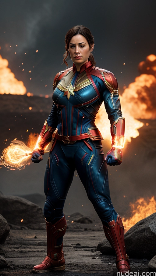 ai nude image of araffe woman in a captain marvel costume standing in front of a fire pics of Muscular Captain Marvel Powering Up Busty Abs Bodybuilder Battlefield