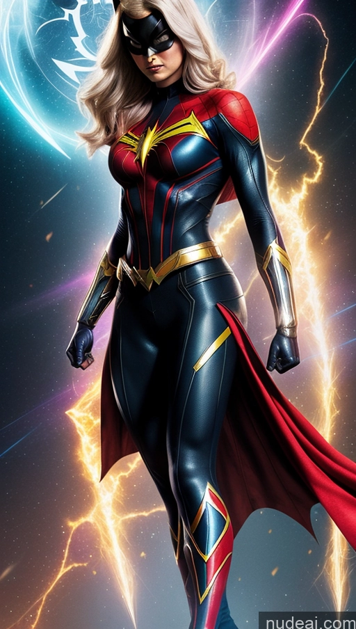 ai nude image of a close up of a woman in a superhero costume with lightning pics of Power Rangers Captain Marvel Black Cat Batwoman Spider-Gwen Mary Thunderbolt Bodybuilder Busty Muscular Abs Powering Up