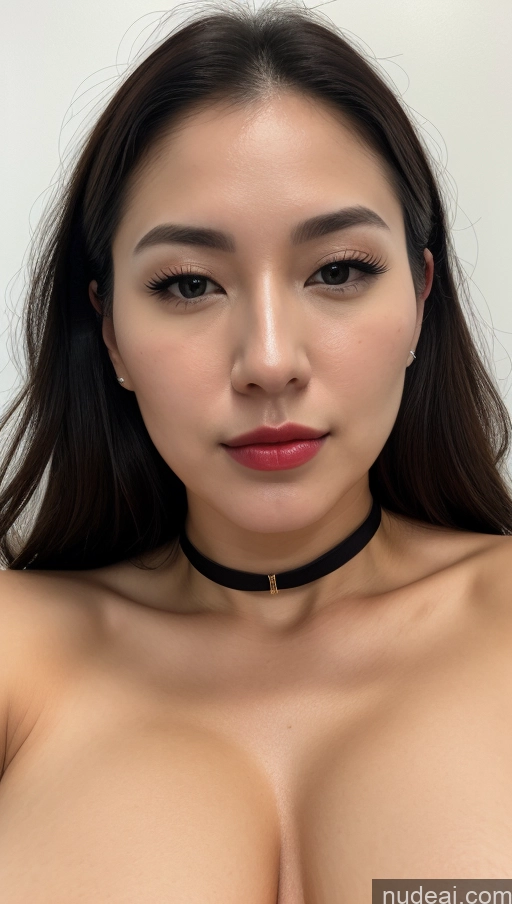 ai nude image of a close up of a woman with a choke on her neck pics of Woman One Huge Boobs Beautiful Lipstick Fairer Skin 30s Black Hair Slicked Korean Close-up View Detailed Simple Skin Detail (beta) Nude Choker Bright Lighting