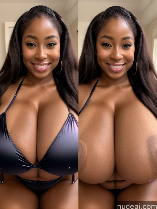 ai nude image of there is a woman in a bikini posing for a picture pics of One Busty Huge Boobs Perfect Boobs Beautiful Long Hair 30s Happy Laughing Ginger African Close-up View Microkini Satin Cleavage Onoff