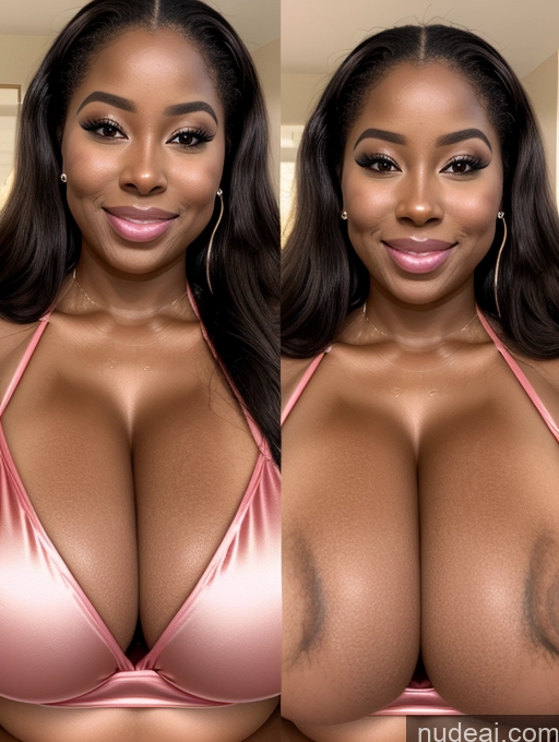 ai nude image of arafed woman with big breasts posing for a selfie pics of One Busty Huge Boobs Perfect Boobs Beautiful Long Hair 30s Happy Laughing Ginger African Close-up View Microkini Satin Cleavage Onoff