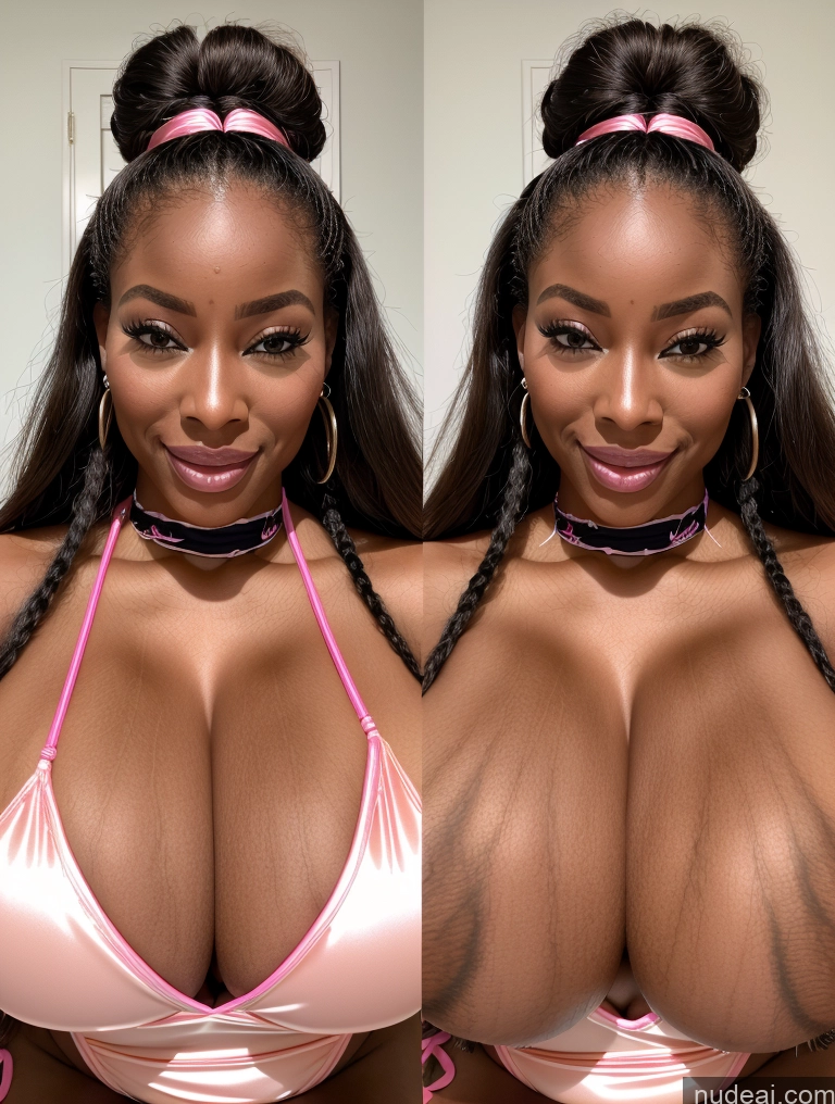 ai nude image of there is a woman with a very big breast posing for a picture pics of One Busty Huge Boobs Perfect Boobs Beautiful Long Hair 30s Happy Laughing Ginger African Close-up View Microkini Satin Cleavage Onoff Bimbo