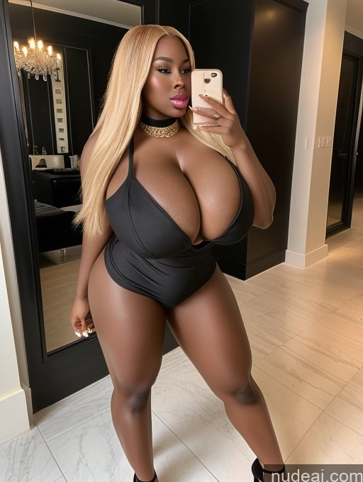 ai nude image of araffe woman in a black swimsuit taking a selfie pics of Bimbo Huge Boobs Busty Thick Dark Skin 20s Seductive Ginger African Beautiful Lipstick High Heels