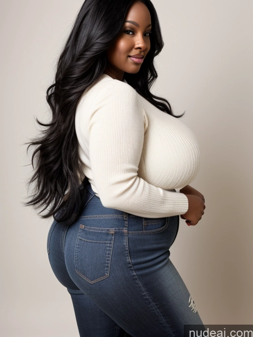 ai nude image of a pregnant woman in jeans and a white sweater poses for a picture pics of Woman Huge Boobs Perfect Boobs Big Ass Big Hips 30s Black Hair Long Hair African Cleavage Alternative Perfect Body Secretary Sweater Side View Chubby Jeans