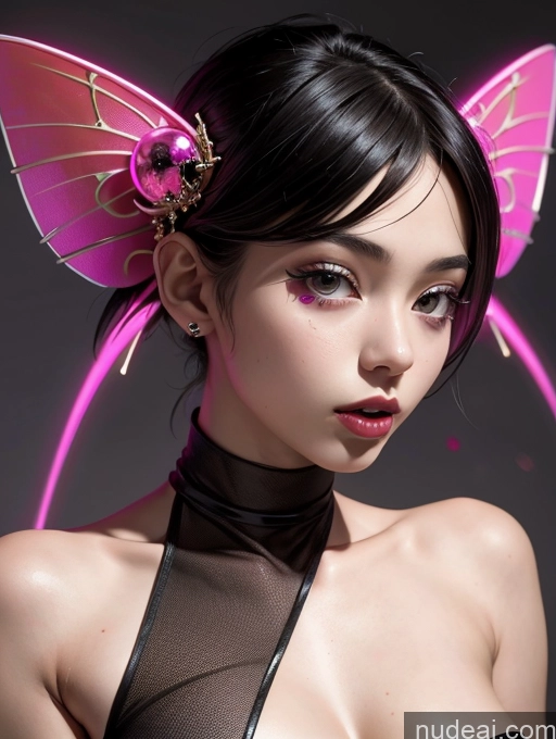 ai nude image of there is a woman with a butterfly headpiece and a choker pics of Model One Skinny 18 Black Hair Pixie Japanese High Heels Ahegao Neon Lights Clothes: Purple